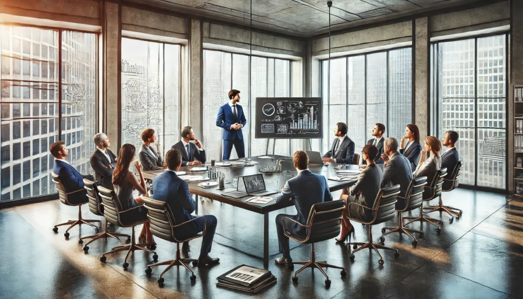 A modern boardroom with diverse professionals engaged in a strategic discussion. A confident entrepreneur stands presenting to attentive venture capitalists seated around a table, with mentors and advisers observing. A whiteboard in the background displays a sketched business plan.