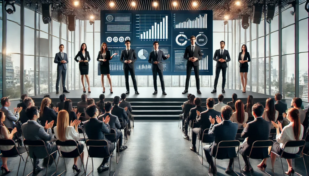 A diverse team of professionals standing on a stage in a modern auditorium, confidently pitching to a group of investors seated in rows. A large screen behind them displays a simple graph and an impactful image, with bright stage lighting highlighting the presenters.