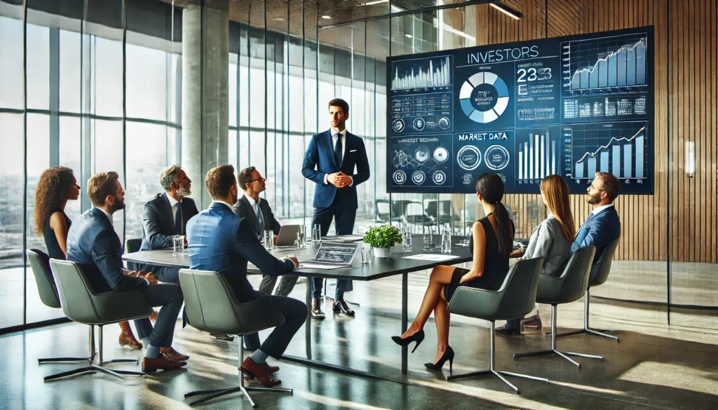 A confident entrepreneur presenting a pitch to a group of engaged investors in a modern boardroom. The presentation screen displays charts and financial data while the investors sit attentively around a sleek table.